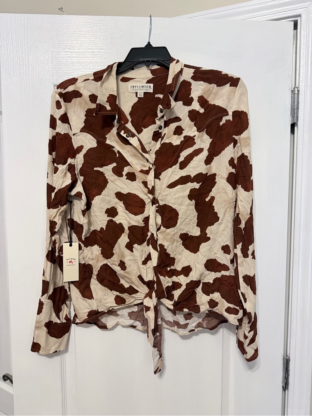 Idyllwind Brown and Cream Cow-Print Tie Front Button Shirt